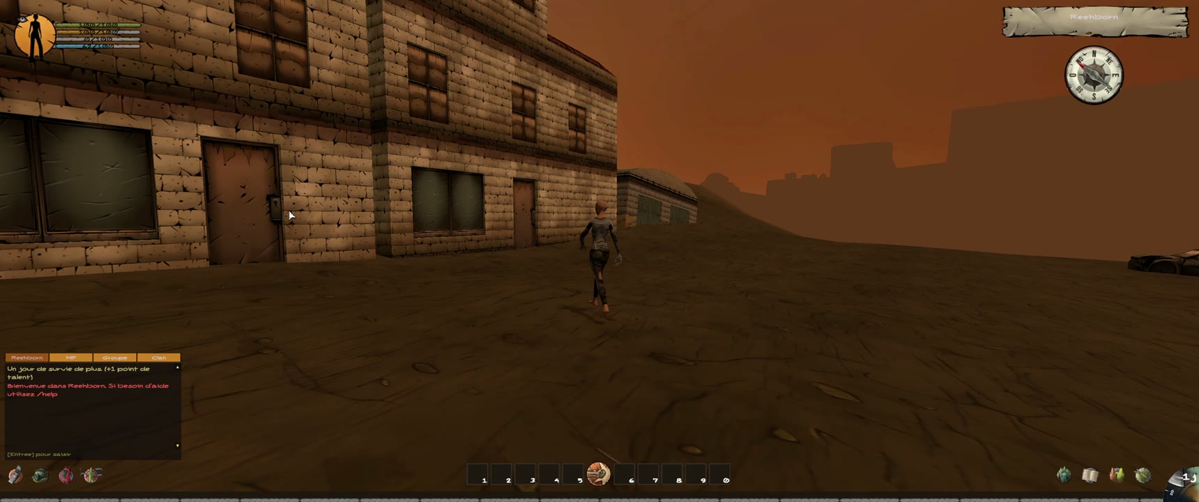 Une rue bordée d'immeubles de brique au crépuscule dans le MMORPG Reehborn